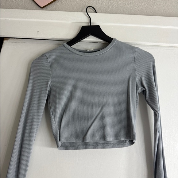 Garage Gray Blue Long Sleeve Fitted Crop Top - Picture 1 of 5